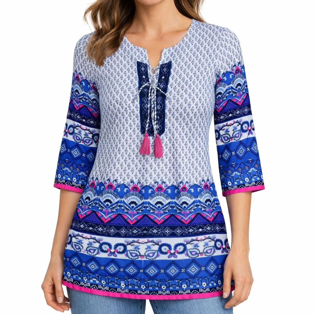 Soft Surroundings Tunic Blouse Small Satin Tassel 3/4 Sleeve Top Boho
